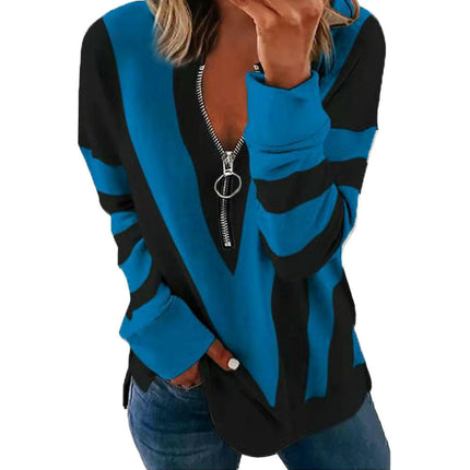 Women's Long Sleeve Shirts Zipper Color Block V Neck Tunic Tops Casual Blouse
