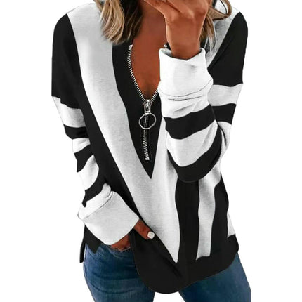 Women's Long Sleeve Shirts Zipper Color Block V Neck Tunic Tops Casual Blouse