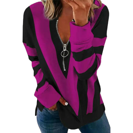 Women's Long Sleeve Shirts Zipper Color Block V Neck Tunic Tops Casual Blouse