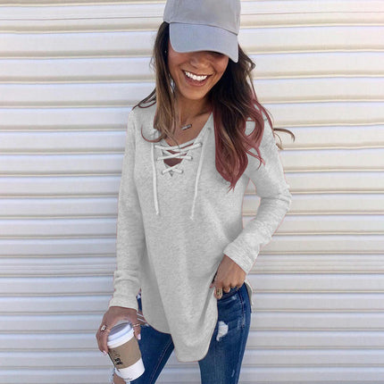 Womens Casual Long Sleeve Top Deep V Neck Lace-up Criss Cross Bandage Casual Loose Tee Shirt