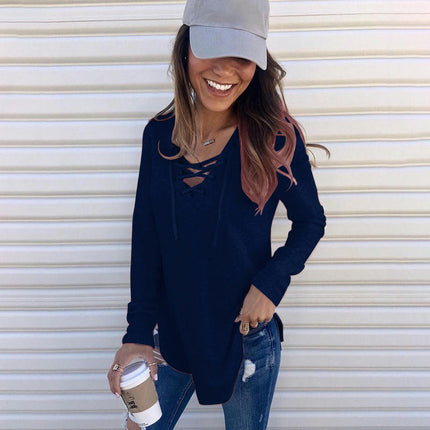 Womens Casual Long Sleeve Top Deep V Neck Lace-up Criss Cross Bandage Casual Loose Tee Shirt