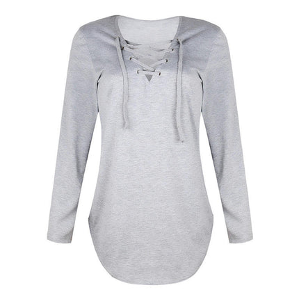 Womens Casual Long Sleeve Top Deep V Neck Lace-up Criss Cross Bandage Casual Loose Tee Shirt