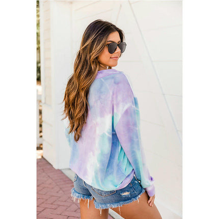 Women Casual Long Sleeve Sweatshirts V Neck Tie Dye Casual Loose Tops