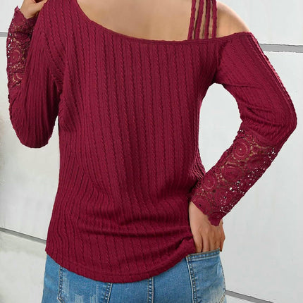 Sexy Criss Cross Cold Shoulder T Shirts for Women Lace Long Sleeve Blouse Casual Tops