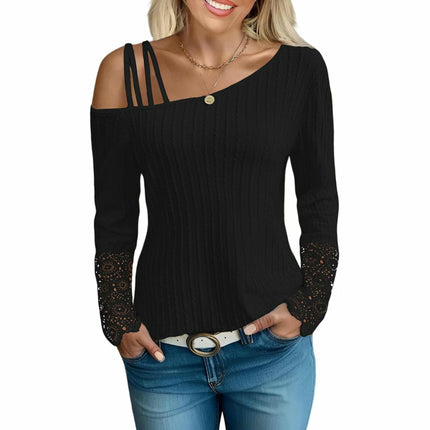 Sexy Criss Cross Cold Shoulder T Shirts for Women Lace Long Sleeve Blouse Casual Tops