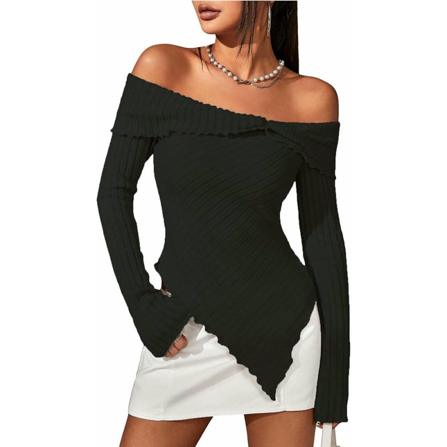 Women's Off Shoulder Lettuce Trim Long Sleeve Asymmetrical Hem Ribbed T-Shirt Tops