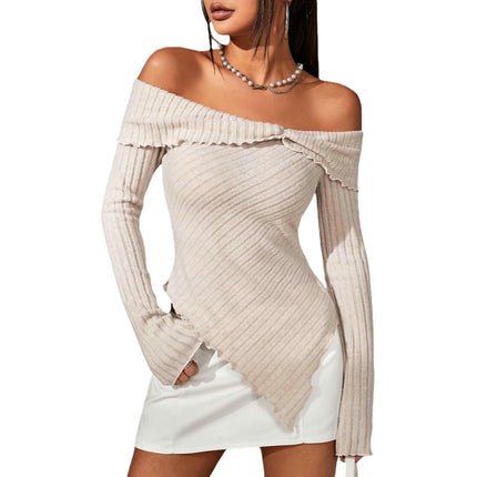 Women's Off Shoulder Lettuce Trim Long Sleeve Asymmetrical Hem Ribbed T-Shirt Tops