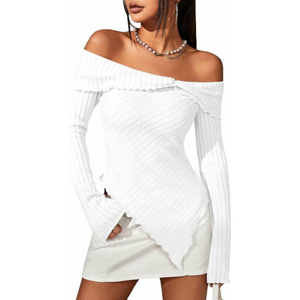 Women's Off Shoulder Lettuce Trim Long Sleeve Asymmetrical Hem Ribbed T-Shirt Tops