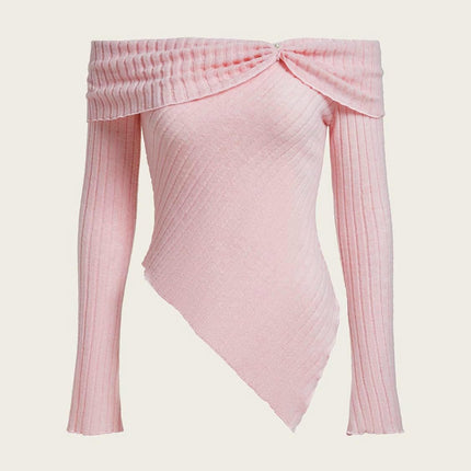 Women's Off Shoulder Lettuce Trim Long Sleeve Asymmetrical Hem Ribbed T-Shirt Tops