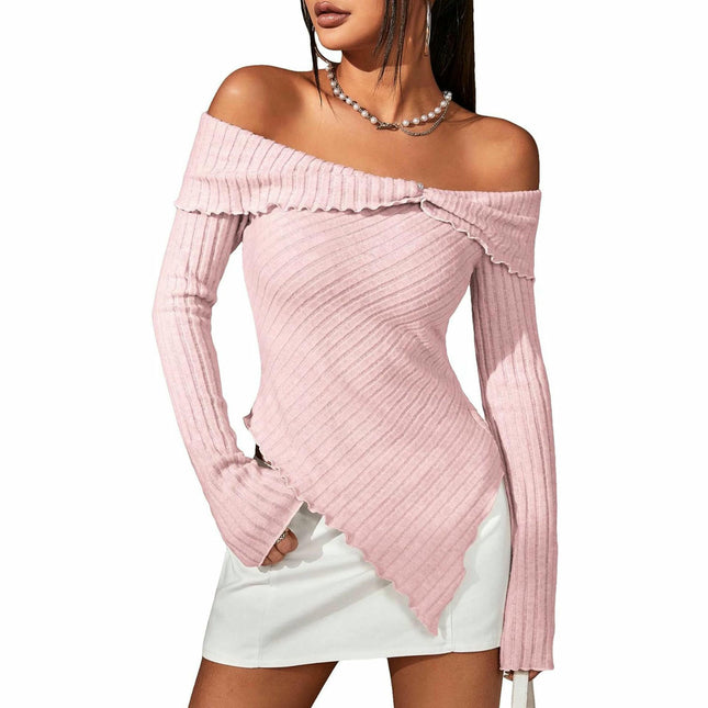 Women's Off Shoulder Lettuce Trim Long Sleeve Asymmetrical Hem Ribbed T-Shirt Tops