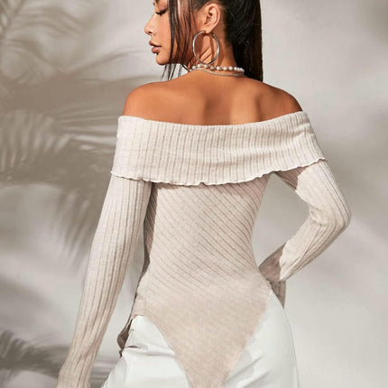 Women's Off Shoulder Lettuce Trim Long Sleeve Asymmetrical Hem Ribbed T-Shirt Tops