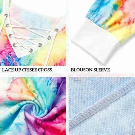 Women Long Sleeve Tie Dye Shirts Color Block V Neck Lace Up Casual Loose Printed Tunic Tops