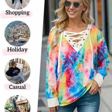 Women Long Sleeve Tie Dye Shirts Color Block V Neck Lace Up Casual Loose Printed Tunic Tops
