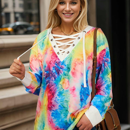 Women Long Sleeve Tie Dye Shirts Color Block V Neck Lace Up Casual Loose Printed Tunic Tops