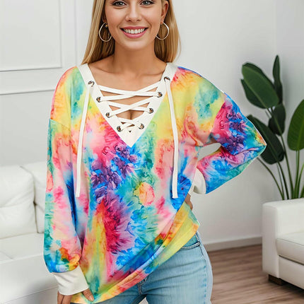 Women Long Sleeve Tie Dye Shirts Color Block V Neck Lace Up Casual Loose Printed Tunic Tops
