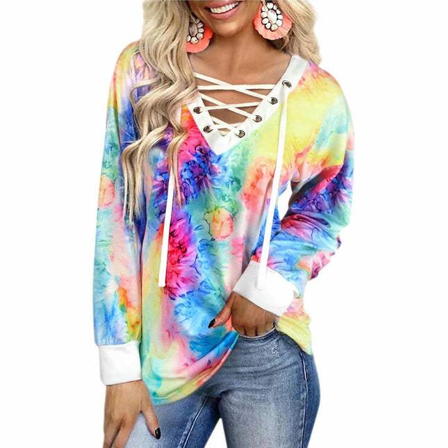Women Long Sleeve Tie Dye Shirts Color Block V Neck Lace Up Casual Loose Printed Tunic Tops