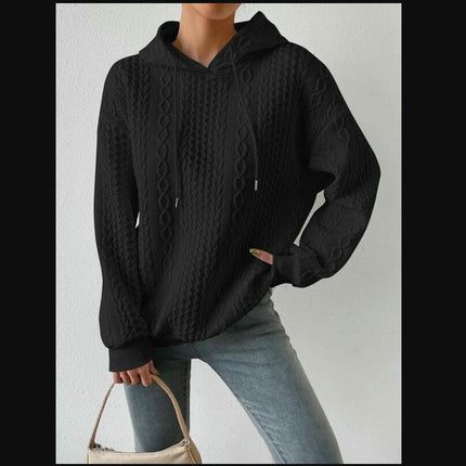 Womens Loose Long Sleeve Hooded Sweatshirts Casual Crew Neck Textured Pullover Top