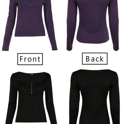 Womens Long Sleeve Shirts Square Neck Tops Slim Fitted Casual Tees