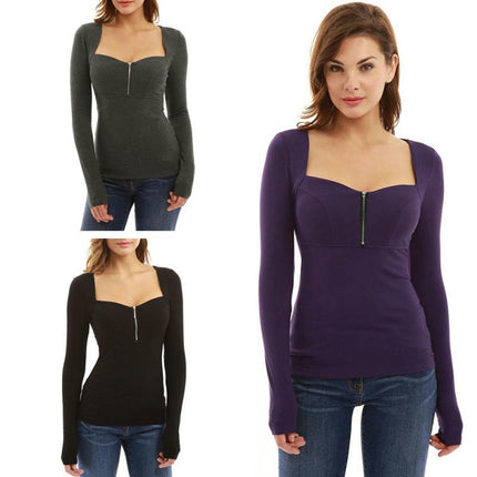 Womens Long Sleeve Shirts Square Neck Tops Slim Fitted Casual Tees