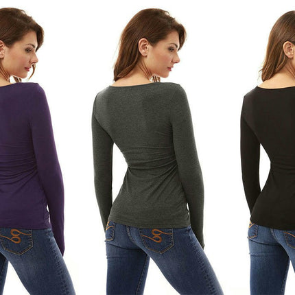 Womens Long Sleeve Shirts Square Neck Tops Slim Fitted Casual Tees