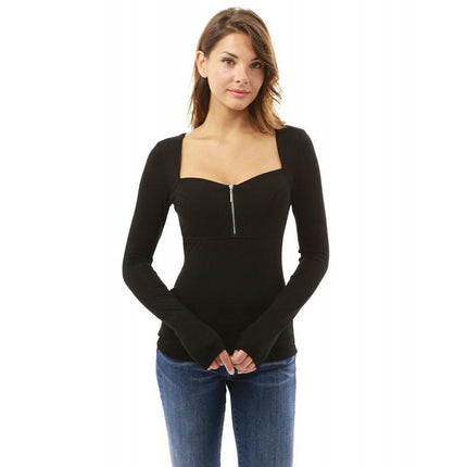 Womens Long Sleeve Shirts Square Neck Tops Slim Fitted Casual Tees