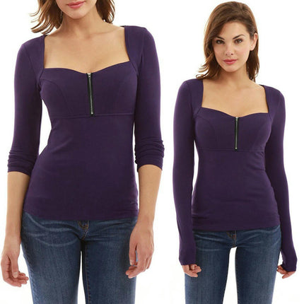 Womens Long Sleeve Shirts Square Neck Tops Slim Fitted Casual Tees