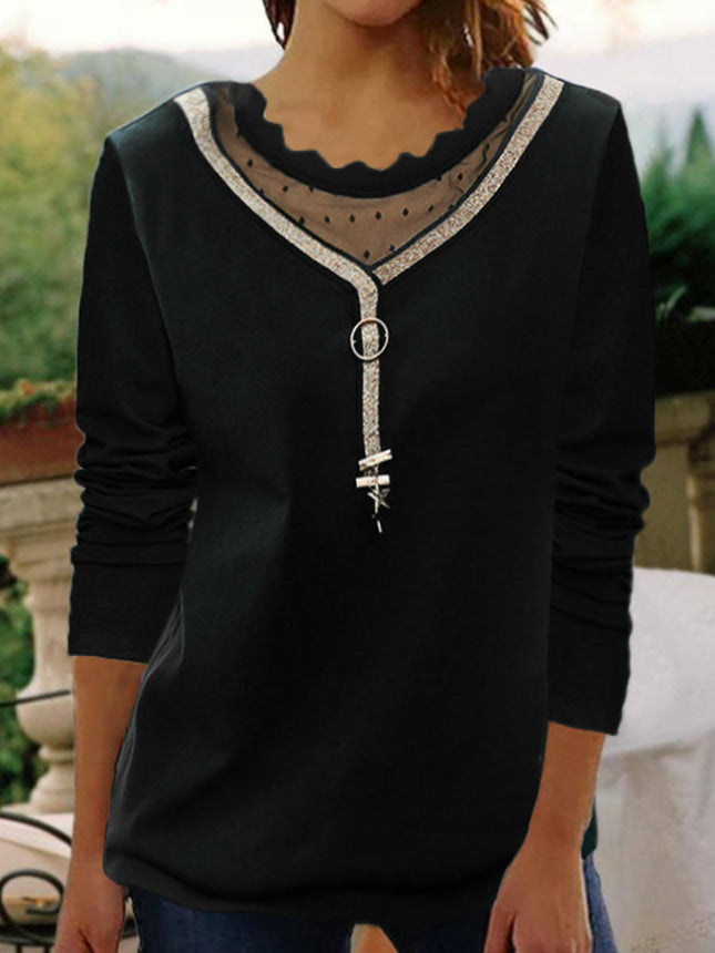 Lace Crewneck Tops for Women Long Sleeve Pullover T-Shirts Tunics Tees