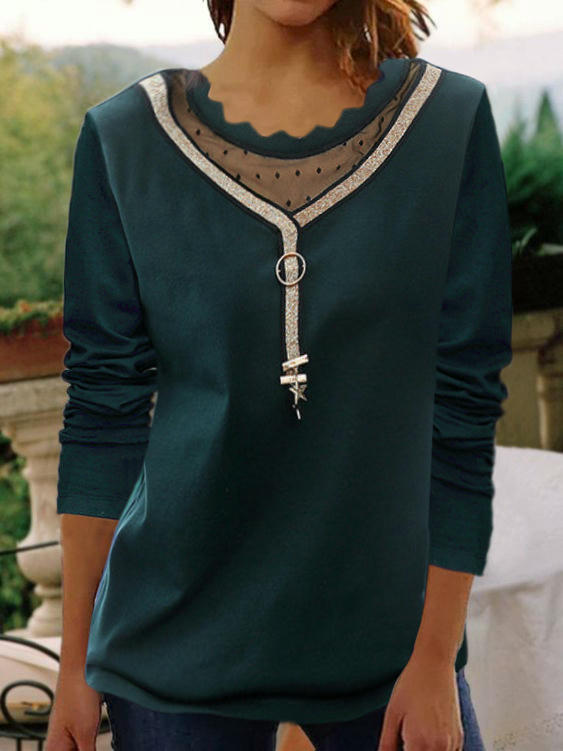 Lace Crewneck Tops for Women Long Sleeve Pullover T-Shirts Tunics Tees