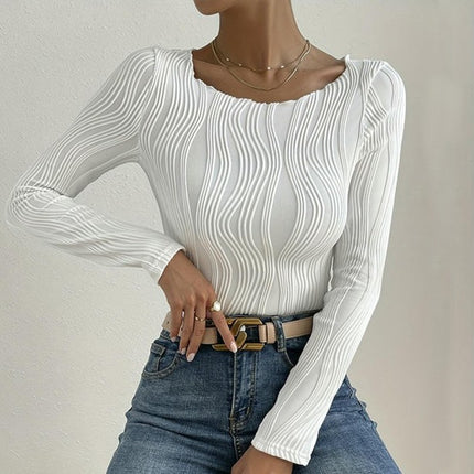 Women's Long Sleeve Crewneck Tops Plain Slim Fit Fall Shirts Textured Knit T Shirts