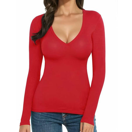 Womens Long Sleeve T Shirts V Neck Slim Fit Causal Fall Fashion Tops