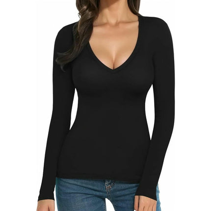 Womens Long Sleeve T Shirts V Neck Slim Fit Causal Fall Fashion Tops
