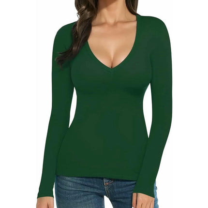 Womens Long Sleeve T Shirts V Neck Slim Fit Causal Fall Fashion Tops
