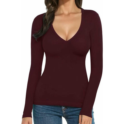 Womens Long Sleeve T Shirts V Neck Slim Fit Causal Fall Fashion Tops