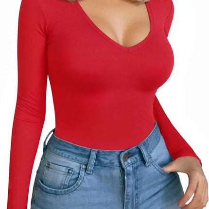 Womens Long Sleeve T Shirts V Neck Slim Fit Causal Fall Fashion Tops