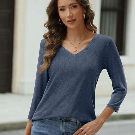 3/4 Sleeve Shirts for Women Casual V Neck Basic Loose Fit Comfy Fall Tops