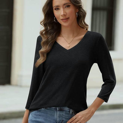 3/4 Sleeve Shirts for Women Casual V Neck Basic Loose Fit Comfy Fall Tops