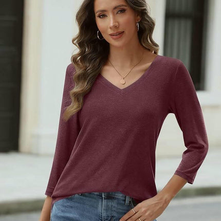 3/4 Sleeve Shirts for Women Casual V Neck Basic Loose Fit Comfy Fall Tops