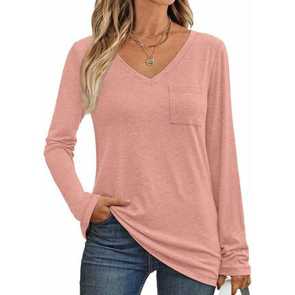 Womens Long Sleeve Tops V Neck Shirts Casual Loose Fit Basic Tee with Pocket