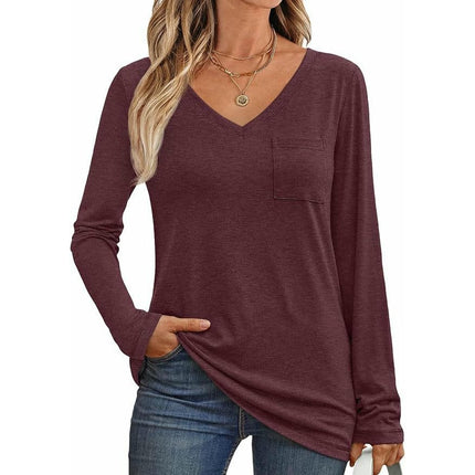 Womens Long Sleeve Tops V Neck Shirts Casual Loose Fit Basic Tee with Pocket
