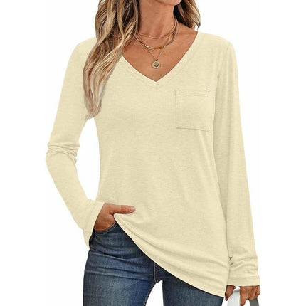 Womens Long Sleeve Tops V Neck Shirts Casual Loose Fit Basic Tee with Pocket