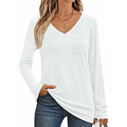 Womens Long Sleeve Tops V Neck Shirts Casual Loose Fit Basic Tee with Pocket