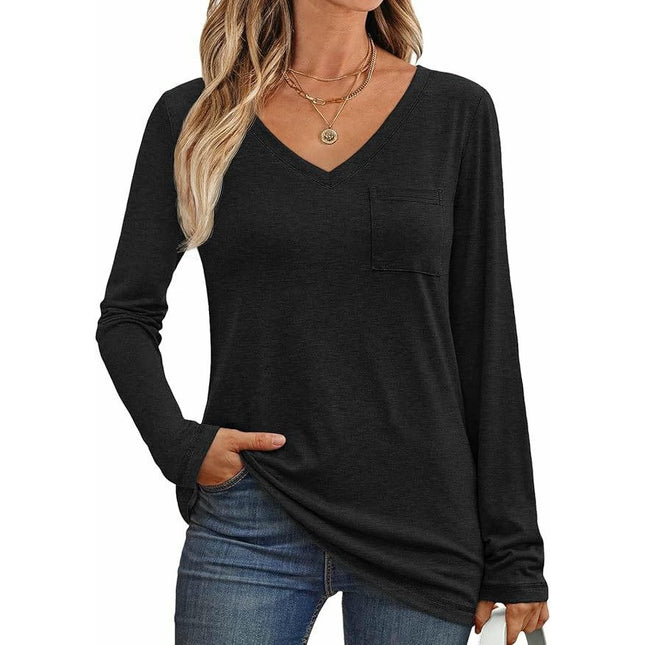 Womens Long Sleeve Tops V Neck Shirts Casual Loose Fit Basic Tee with Pocket