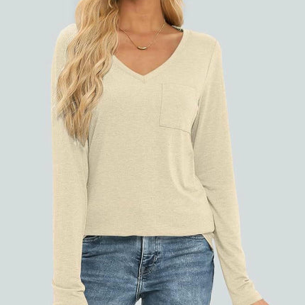 Womens Long Sleeve Tops V Neck Shirts Casual Loose Fit Basic Tee with Pocket