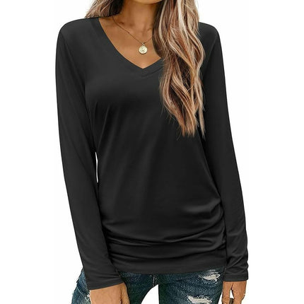 Womens Long Sleeve Tops V Neck Shirts Loose Fit Casual Basic Tee