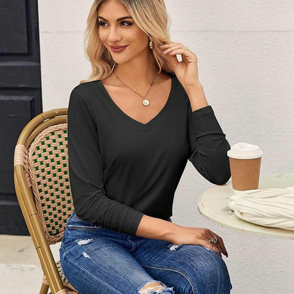 Womens Long Sleeve Tops V Neck Shirts Loose Fit Casual Basic Tee