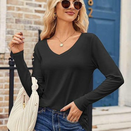 Womens Long Sleeve Tops V Neck Shirts Loose Fit Casual Basic Tee