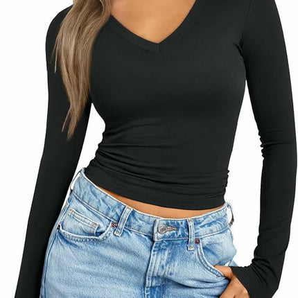 Women's V Neck Slim Fit Long Sleeve T Shirt Casual Basic Tops