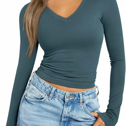 Women's V Neck Slim Fit Long Sleeve T Shirt Casual Basic Tops