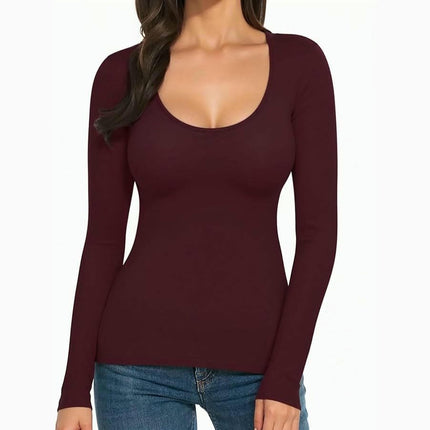 Women's Casual Scoop Neck T Shirts Long Sleeve Basic Slim Fit Top