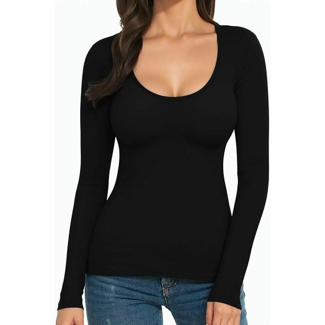 Women's Casual Scoop Neck T Shirts Long Sleeve Basic Slim Fit Top